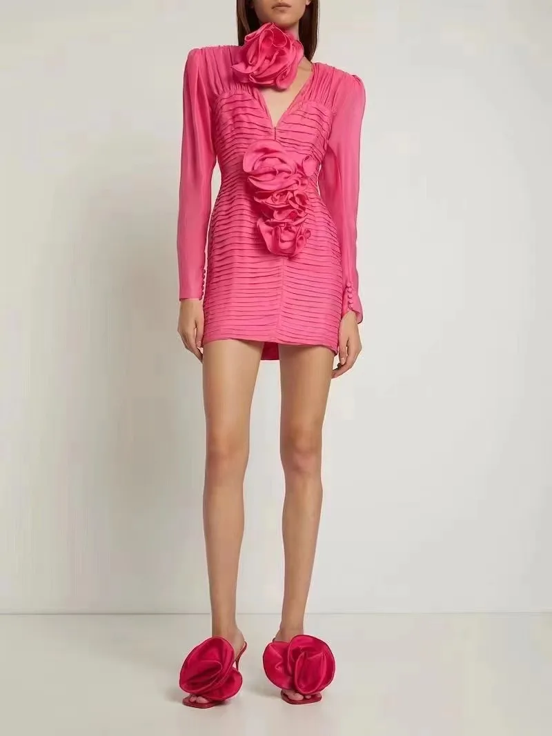

Temperament slim hip party V-neck chiffon bubble long sleeve dress