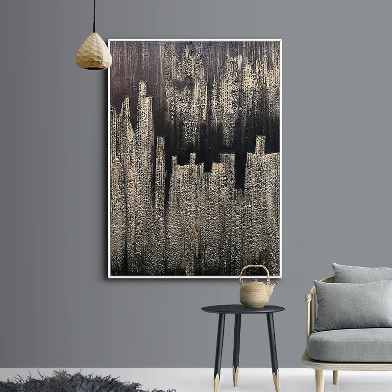 

Hand-painted oil painting Entrance sofa background minimalist decorative painting black gold foil modern mural Canvas No Frame