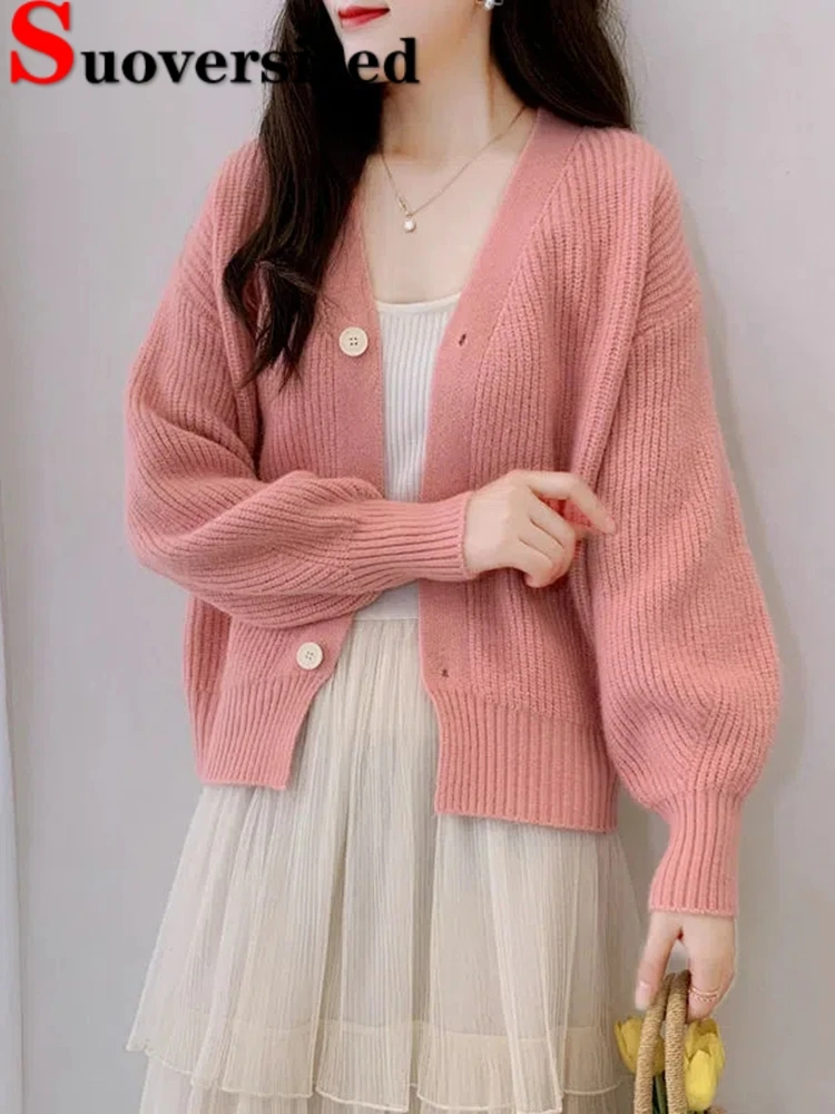 

Свободный короткий вязаный кардиган, повседневная трикотажная одежда с длинным рукавом, топ, Корейская женская укороченная одежда, новый осенний Однотонный свитер с V-образным вырезом