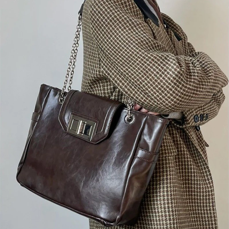 

HAEX Large Capacity Women Tote Bag Vintage PU Solid Concise Commute Sac A Main Femme Korean Style Casual Ladies Shoulder Bag