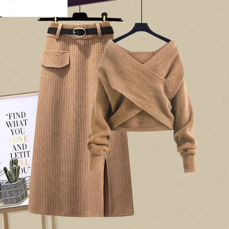 

2023 New Korean Fashion Spring and Autumn Aging Cross Knit Sweater Thin Skirt Two-piece Elegant Women's Skirt Set N274