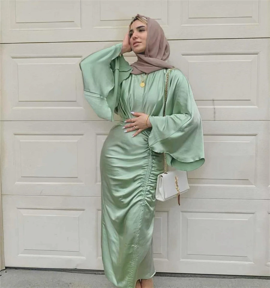 Muslim Fashion Hijab Dress Green Satin Abaya Dubai Turkey African Dresses for Women Islam Abayas with Belt Kaftan Robe Musulmans