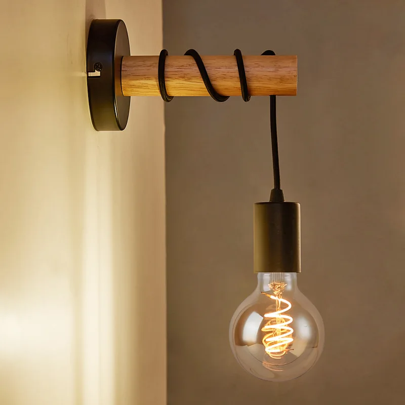 

Креативная железная деревянная настенная лампа из твердой древесины, настенная лампа в стиле ретро, черно-белая, простая и индивидуализированная прикроватная лампа