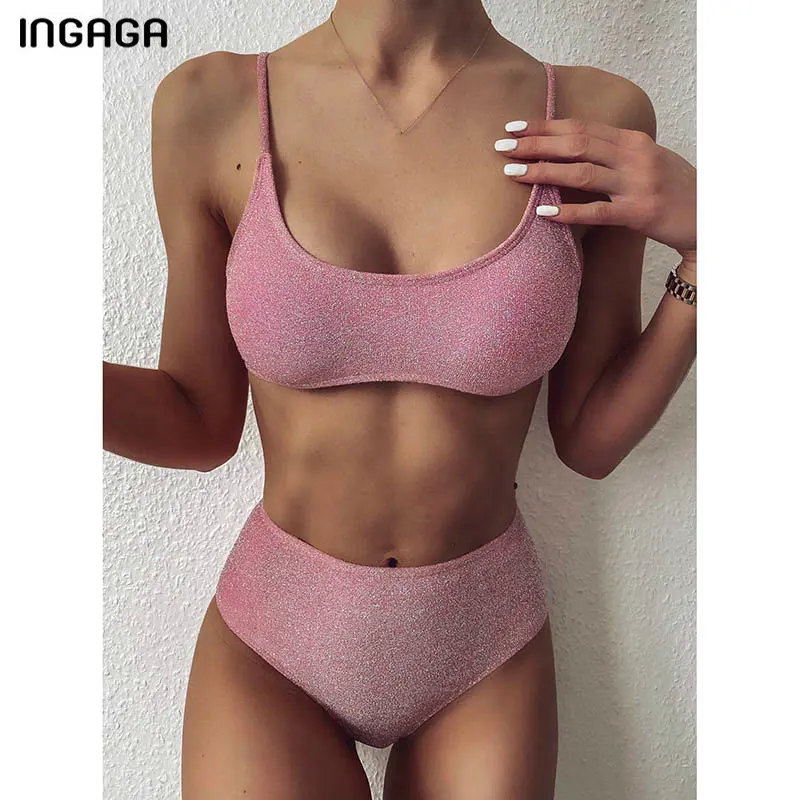 

Бикини INGAGA с высокой талией, соблазнительный женский купальник, новинка 2022, купальники, однотонное бикини с блестками, комплект бикини на бр...
