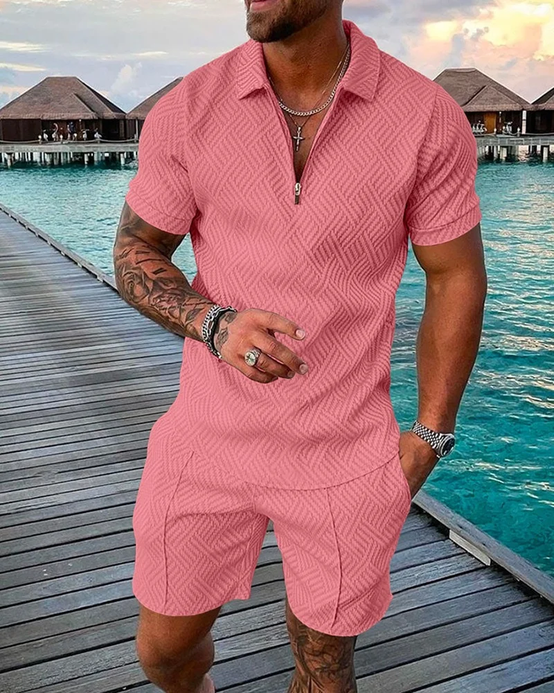 

Men's Polo Suit Fasion Men Sets Mens Solid Color Summer V-neck Zipper Sort Sleeve POLO Sirt+Sorts Two Pieces Men Casual Suit