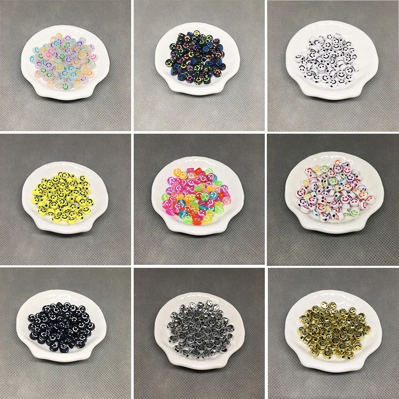 

100Pcs Multicolor Acrylic Smiley Face Beads For DIY Bracelet Jewelry Making Accessories Plastic Flat Round Cartoon Smiling Beads