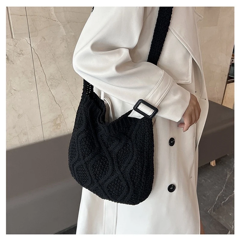 Fashion Knitted Bucket Bags for Women Large Capacity Travel Crossbody Bags Ladies Weave Casual Shopping Messenger Handbag