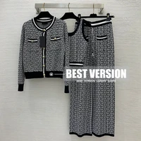 best version 2 piece sets womens outfits fall branded 3d monogram pattern bicolor jacquard knitted cardigan high waist pants