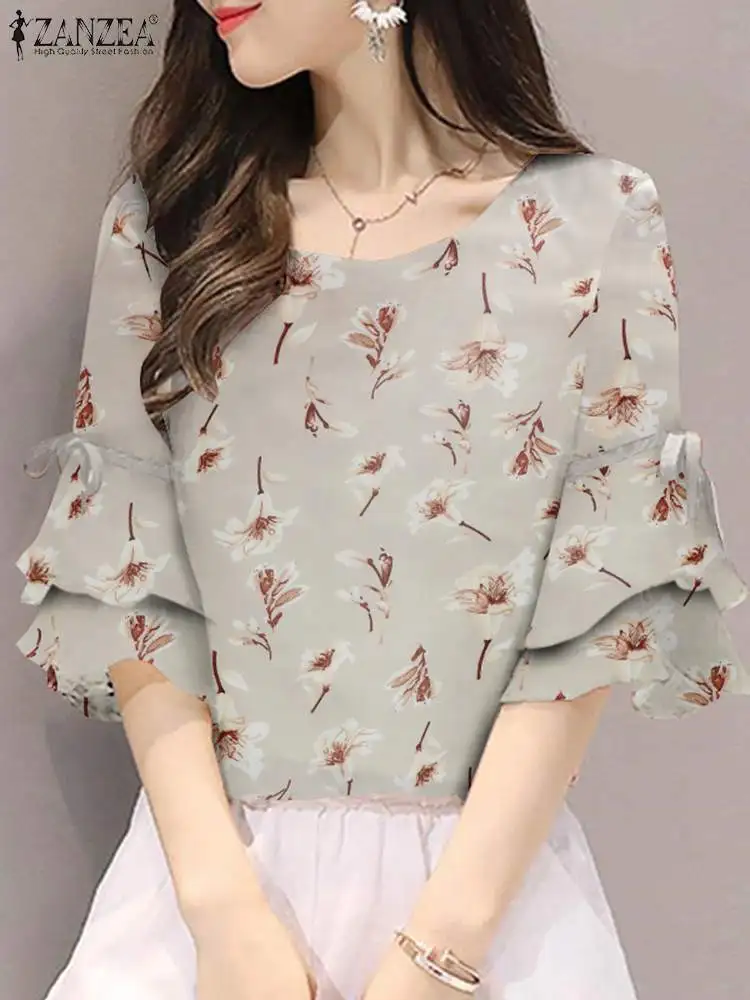 

ZANZEA 2023 Summer Spring Elegant Women Blouses OL Work Floral Printed Tops Shirts Lace-Up Oversized Tunic Flounce Sleeve Blusas