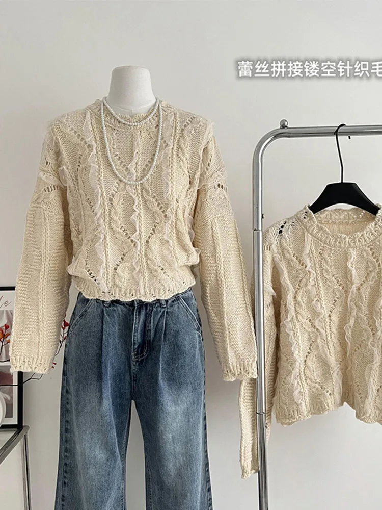 

Fashion Simple Classical Cashmere Top Vintage O-Neck Long Sleeve Pullovers Hollow Out Chic Knitted Sweater Y2K Streetwear