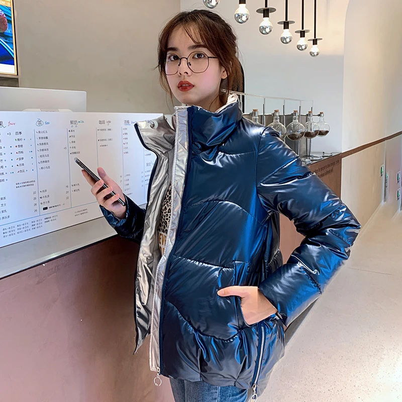 2021 Winter Trend Glossy Thickened Short Jacket Korean Style Loose Stand-up Collar Cotton Jacket BF Long Sleeve Women's Clothing