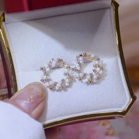 2022 korean new rhinestone wreath stud earrings sweet flower crystal pearl brincos women party birthday jewelry gift