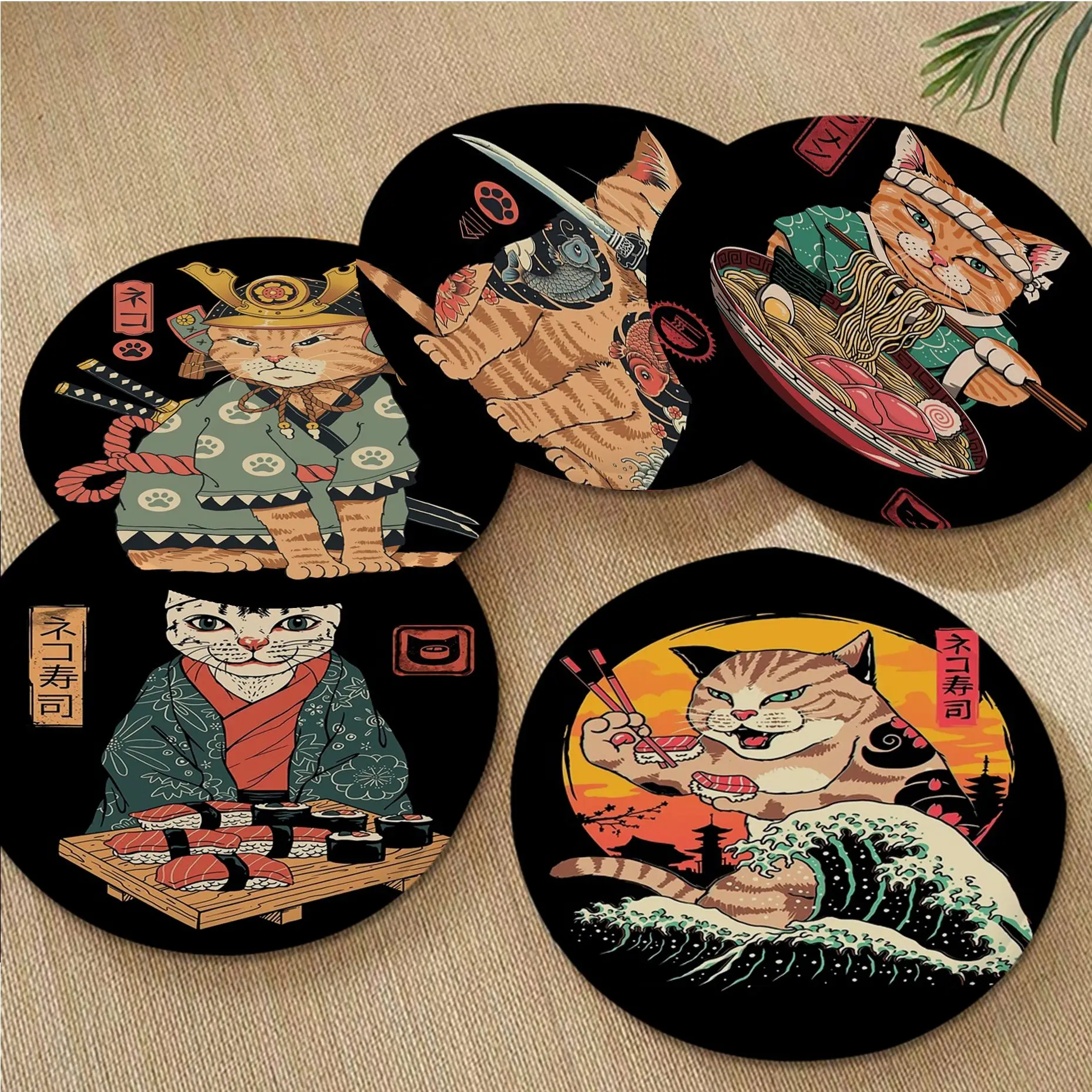 

Japanese Samurai Cat Art Seat Cushion Office Dining Stool Pad Sponge Sofa Mat Non-Slip Cushion Pads
