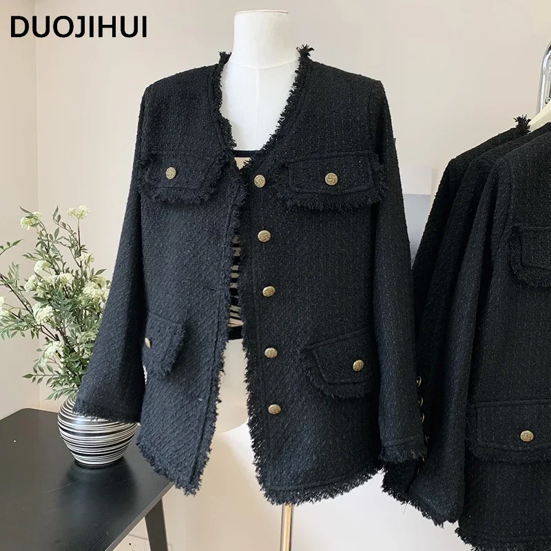 Фото DUOJIHUI Классические черные осенние новые свободные женские куртки модная однобортная простая однотонная Базовая Женская куртка с длинным рукавом №1