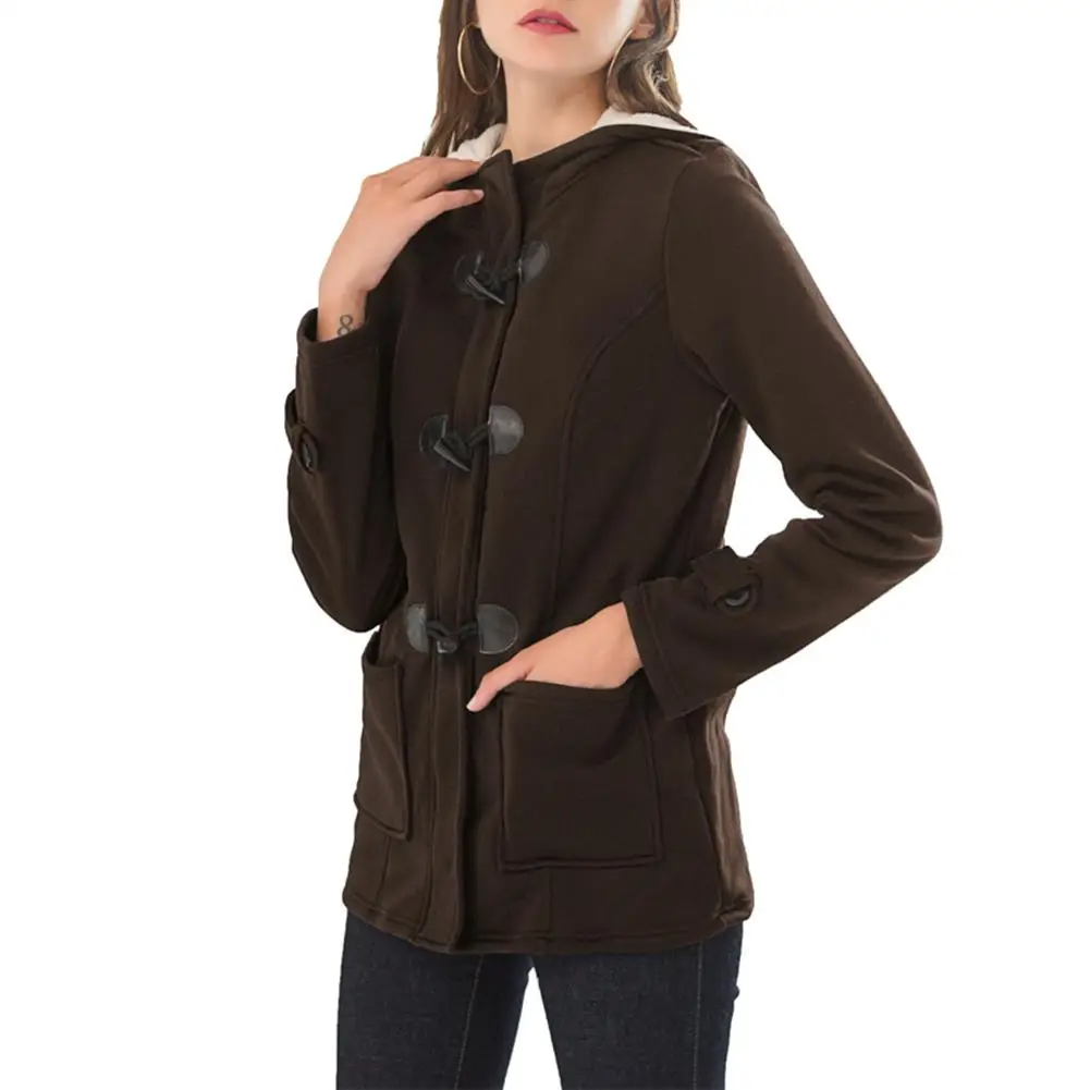 

Winter Pocket Hooded Coats Female Cotton Horn Button Popular Comfort Soft Jacket Solid Korean Personality Outwear