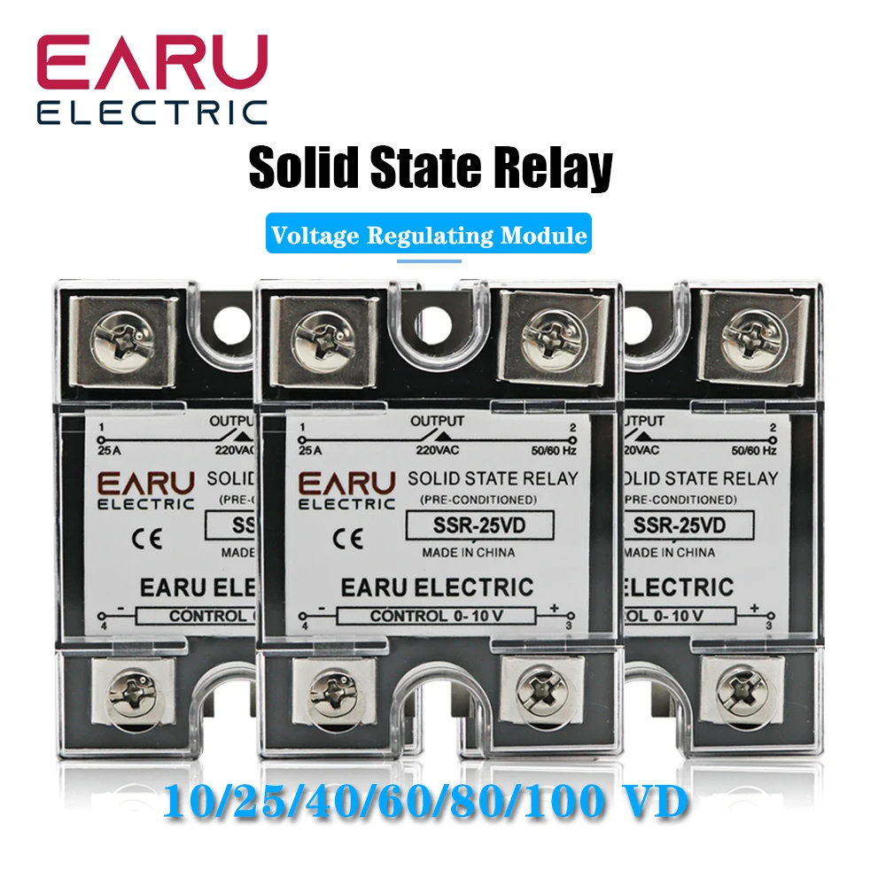 SSR-10VD SSR 25A 80A 100A Однофазное твердотельное реле, модуль регулятора напряжения, вход 0-10 В, выход 220 В переменного тока, радиатор