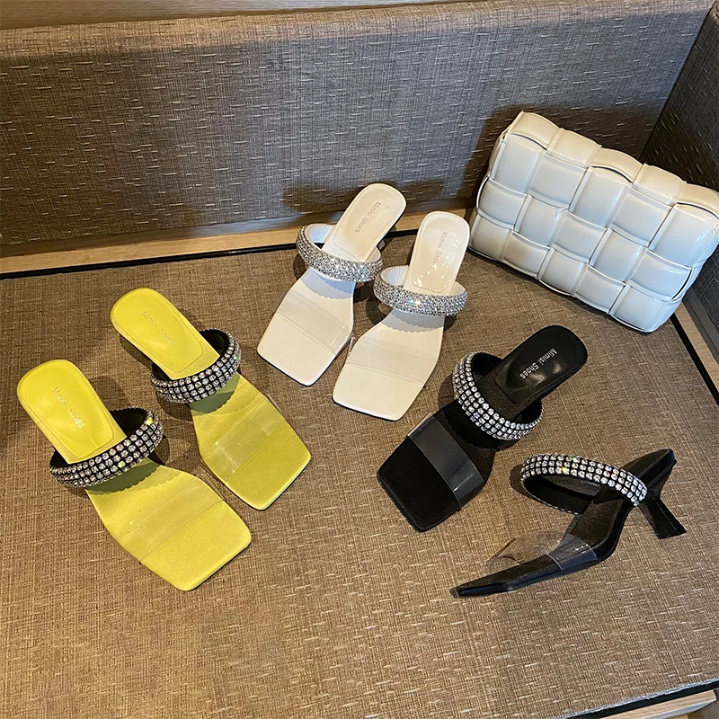 

Square Toe Women Slippers Black White Yellow Summer Transparent Dress Sandals Slides Thin Mid Heels Party Pumps Rhinestone Chain