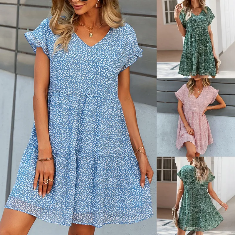 

Women Tunic Dress V Neck Short Sleeve Ruffle Floral Printed Casual Loose Flowy Swing Shift Dress