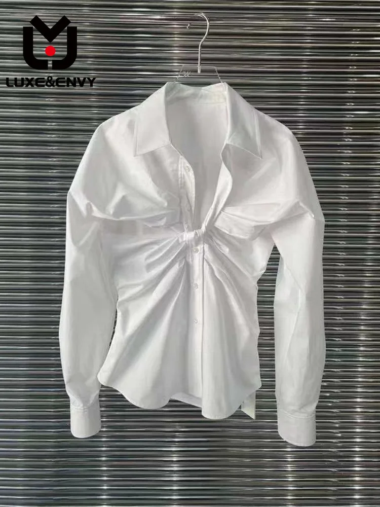 

LUXE&ENVY Design Feeling White Shirt Knotted Wrinkled Collar Slim Fit Single Breasted Top For Women 2023 Autumn/Winter New