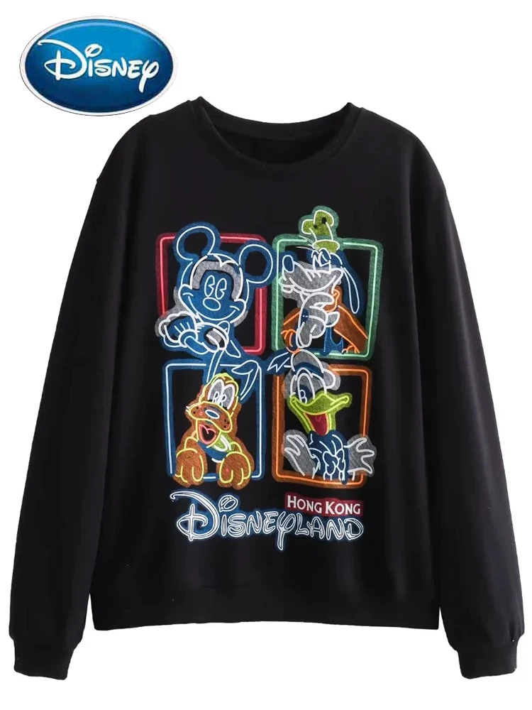 

Disney Sweatshirt Mickey Mouse Donald Duck Pluto Goofy Neon Disneyland Letter Cartoon Print Women O-Neck Long Sleeve Jumper Tops