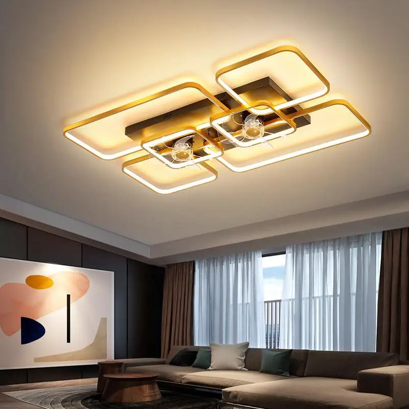 

Led Ceiling Fan Pendant Lamp Light Art Chandelier + APP Remote Control Quadrilateral 2 Living Bedroom Large Size abanicos