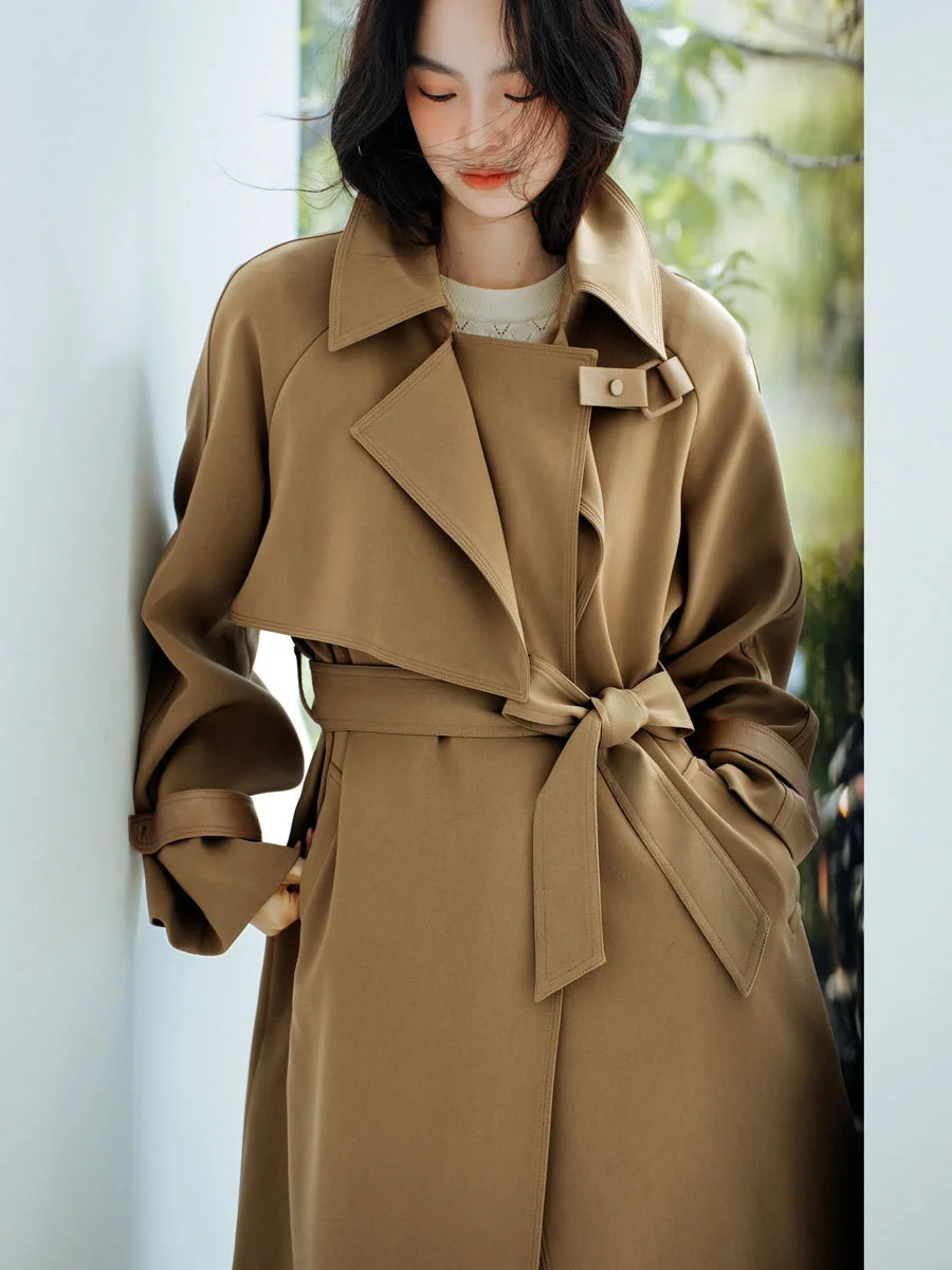 

Ветровка женская средней длины, простой Свободный плащ, классическое пальто цвета хаки из кожи на пуговицах, весна-осень 2023