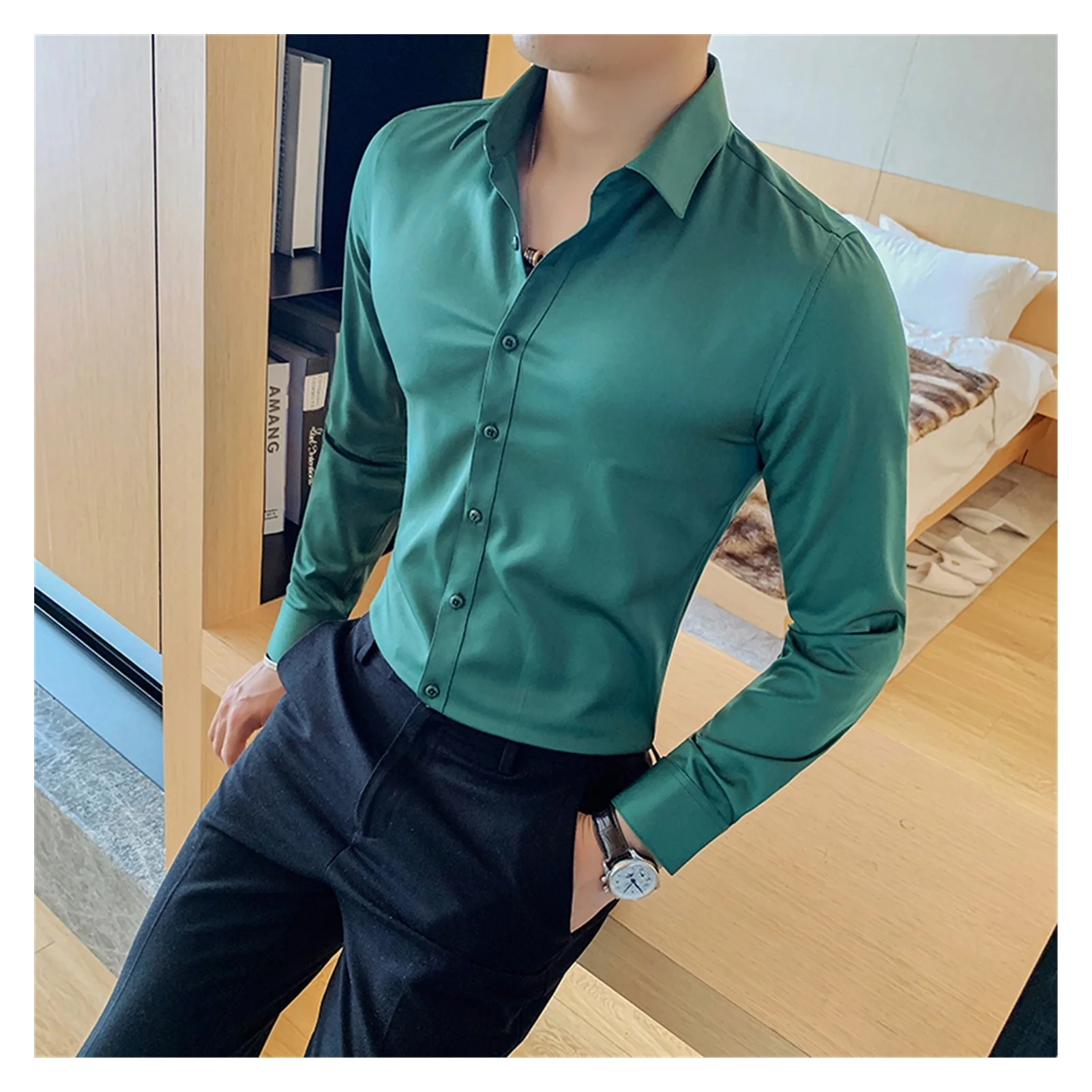 Xfh British Style New Solid Shirt Men Long Sleeve Fashion 2021 Autumn Business Formal Wear Men Shirts Slim Fit Casual Blouse