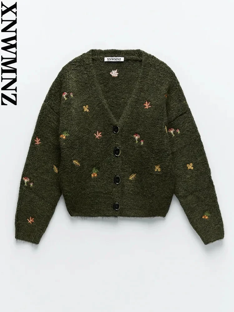 

women Vintage knit cardigan with embroidery Long sleeves V-neck ribbed trims Cardigan Female Elegant sweater Outerwear