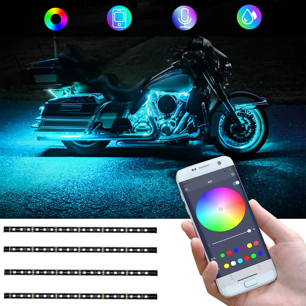 

Светодиодная Автомобильная мотоциклетная декоративная лампа, Гибкая полоса освещения s 5050 SMD APP, управление звуком, RGB Водонепроницаемая атмосферная лампа для мотоцикла