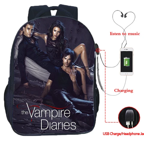Дневники вампира USB большой емкости для подростков, косплей, школьная сумка Damon для студентов, мальчиков, дорожный рюкзак для ноутбука, детские сумки для книг