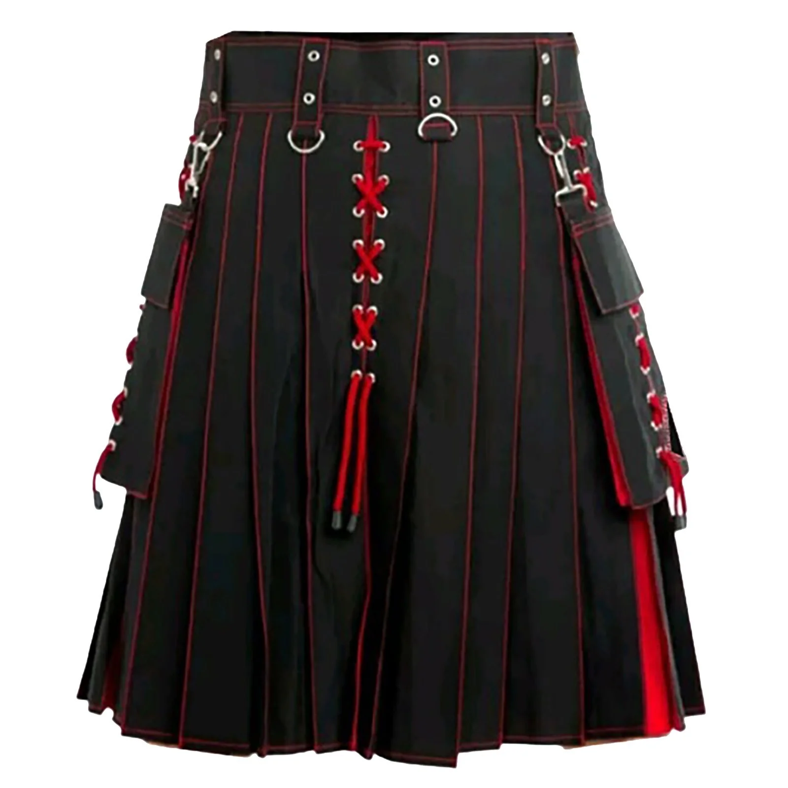 

Men Scottish Kilt Cosplay Scotland Retro Gothic Pleated Skirt Hip Hop Shorts Sashes Pocket Knee Length Traditional Highland Kilt