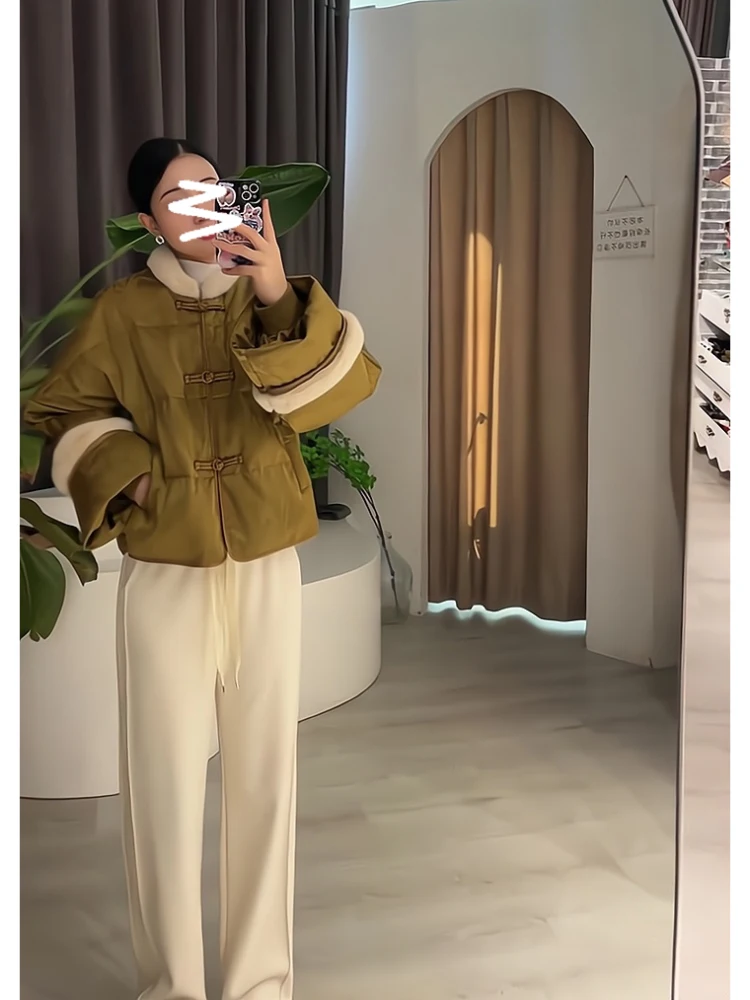 Зеленый меховой воротник в стиле пэчворк с пряжкой Куртка на хлопковой подкладке