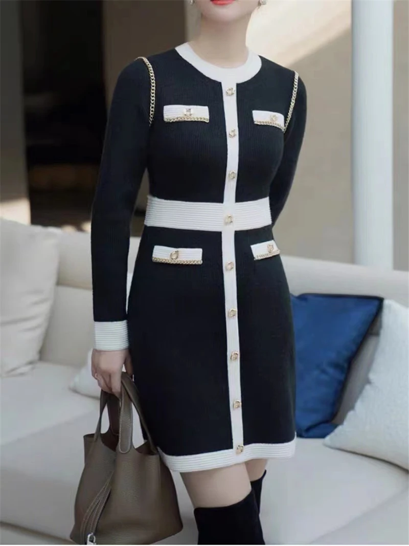 

Mini Knitted Dress Office Lady Single Breasted Women Long Sleeve Dress Vinatge Sheath Bodycorn Party Dresses Elegant Slim N953