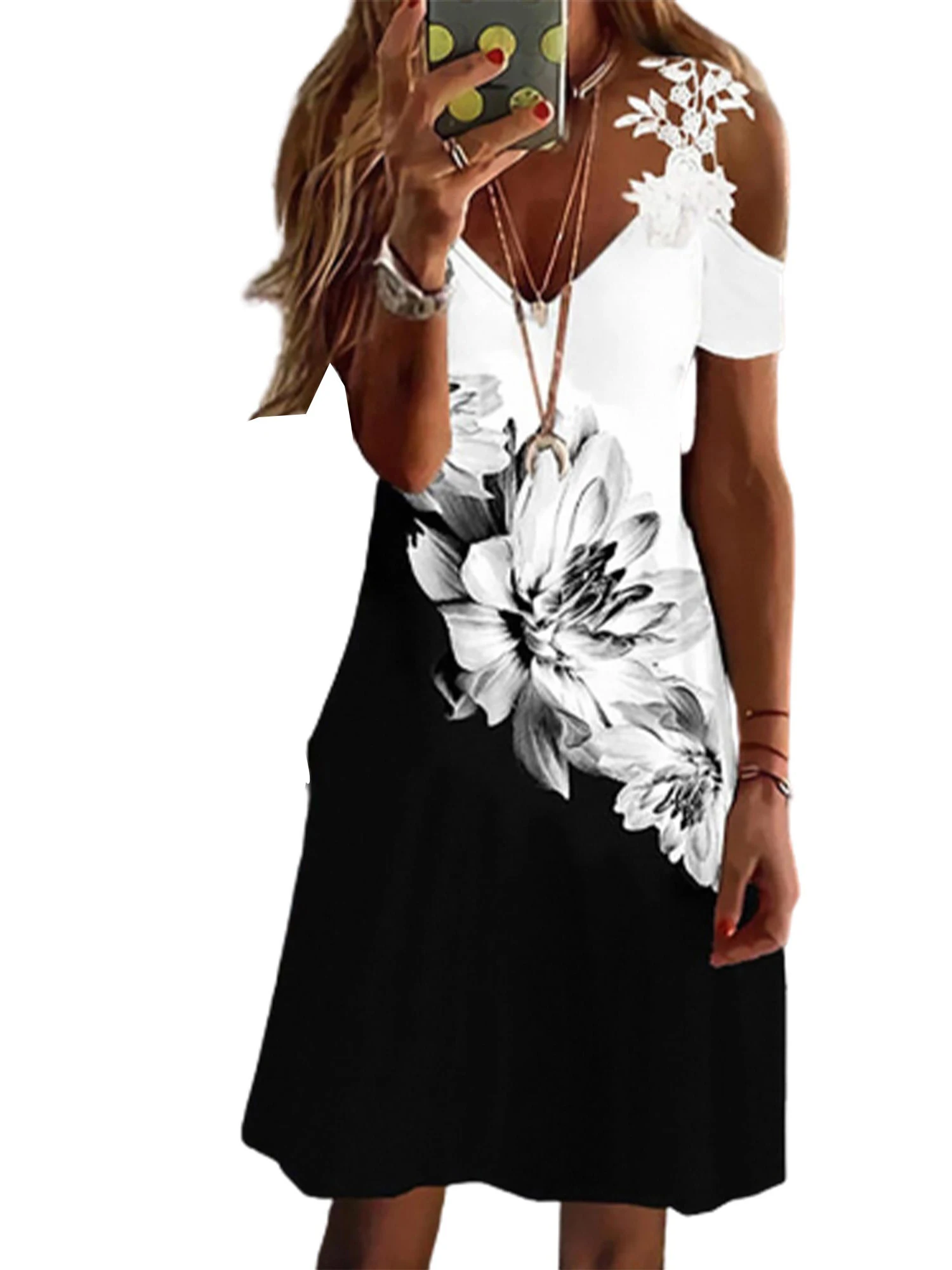 

Women Lace Floral Print Cold Shoulder Midi Dress Ladies Summer Beach Holiday Party Female Short Sleeve Dresses Slim Fit Vestidos