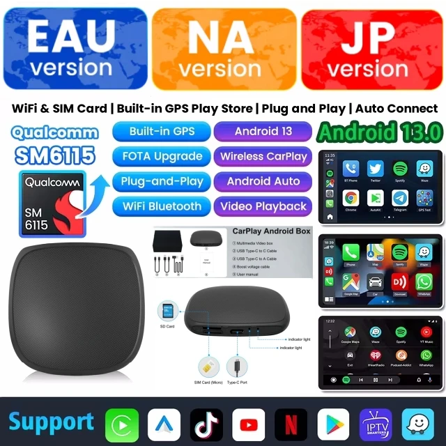 

CarPlay Ai Box Qualcomm 6115 8-ядерный процессор 4G LTE Android 13.0 Беспроводной CarPlay Android auto для автомобиля OEM Встроенный проводной CarPlay