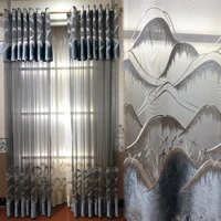 light luxury curtain chinese style gray embroidered window gauze landscape study curtains for living room bedroom jacquard