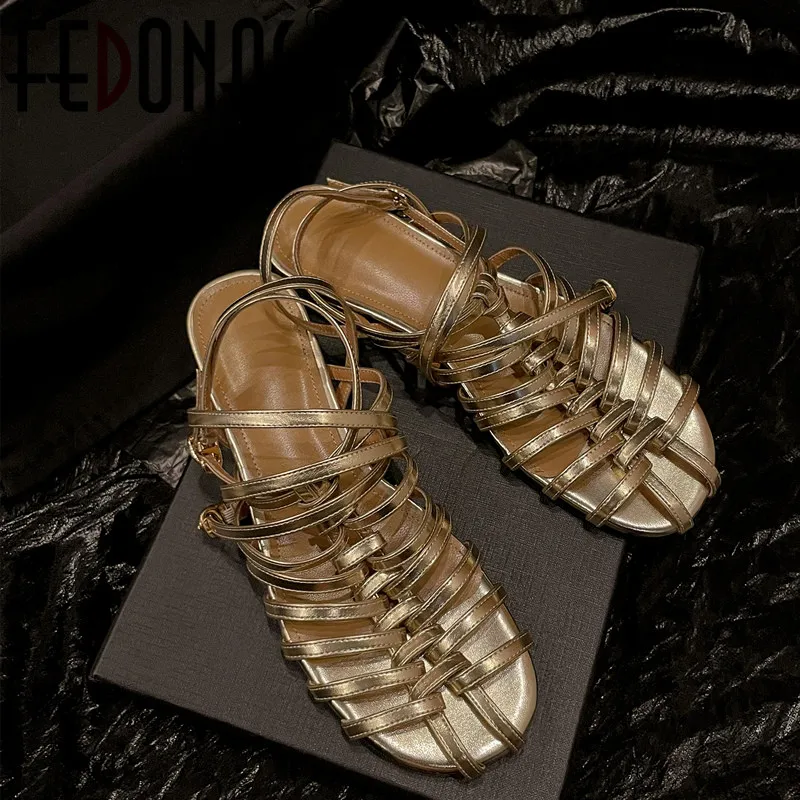 

Женские босоножки в римском стиле FEDONAS, желтые туфли из натуральной кожи на низких каблуках с узкими ремешками, обувь для вечеринки на лето 2023