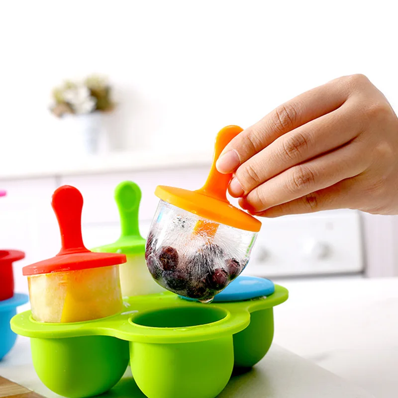 

4-hole Silicone Ice Tray Popsicle Mold Kitchen Gadgets Baby Food Supplement Box Storage Box Ice Cream Mold Maker