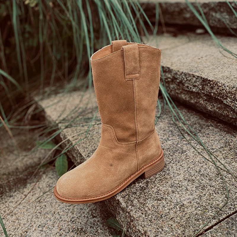 

Новинка Осень-зима 2023, полусапоги Heihaian в западном стиле, в стиле ретро, с круглым носком, сапоги до середины икры на низком каблуке, сапоги для женщин абрикосового цвета