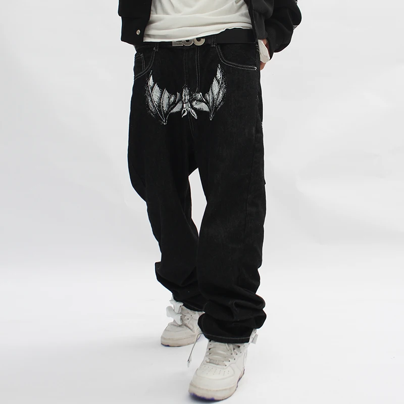 

Mens and Womens Streetwear Oversized Ripped Baggy Denim Trousers Bronzing Character Print Vibe Style Casual Jeans