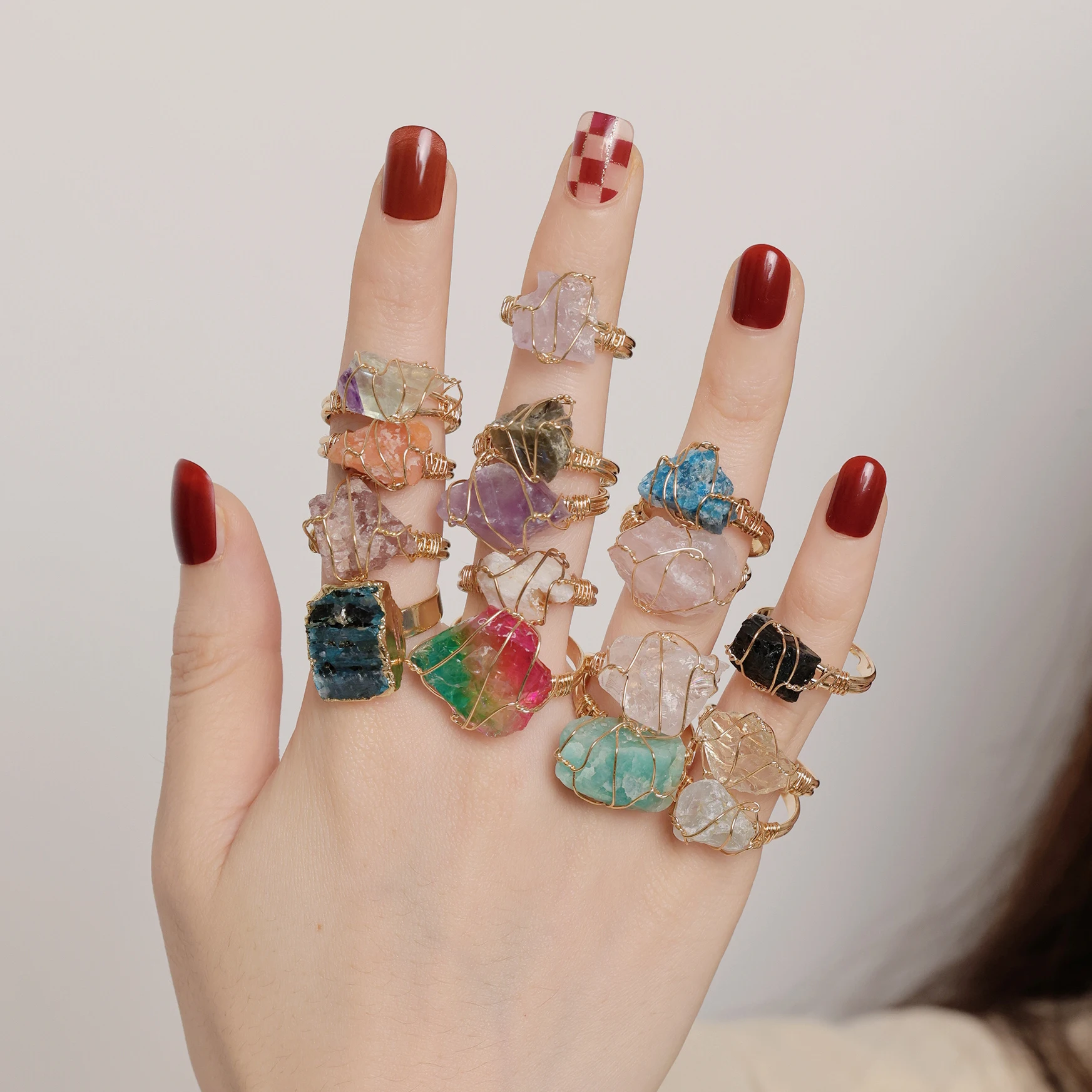 

Boho Natural Stone Rings for Women Amethyst Pink Crystal Healing Wire Wrapped Ring Handmade Adjustable Wedding Gemstone Jewelry