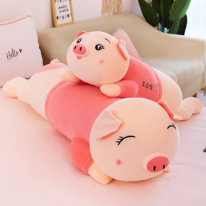 

60-130cm Squishy Pig Stuffed Doll Lying Plush Piggy Toy White/Pink Animals Soft Plushie Hand Warmer Blanket Kids Comforting Gift