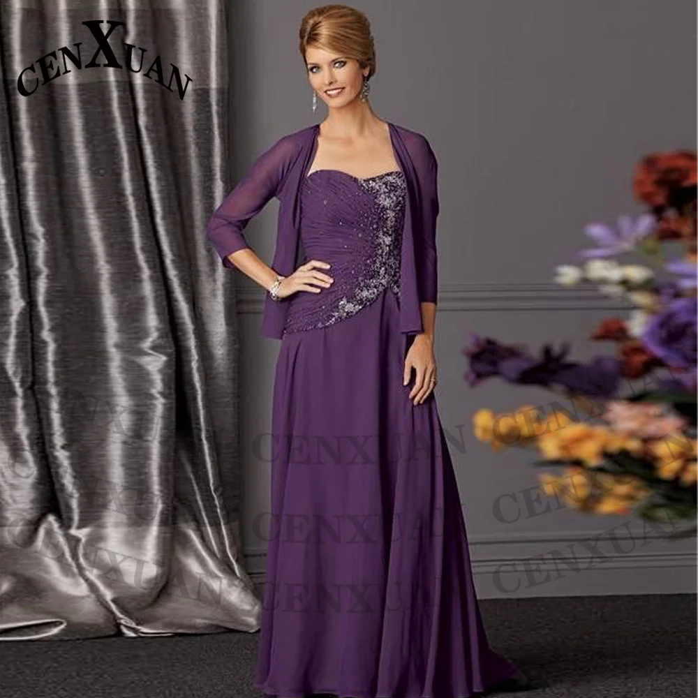 

Cenxuan Purple Chiffon Stylish Mother of The Brides Suit Appliques Birthday Women Evening Party Robes De Soirée Customised