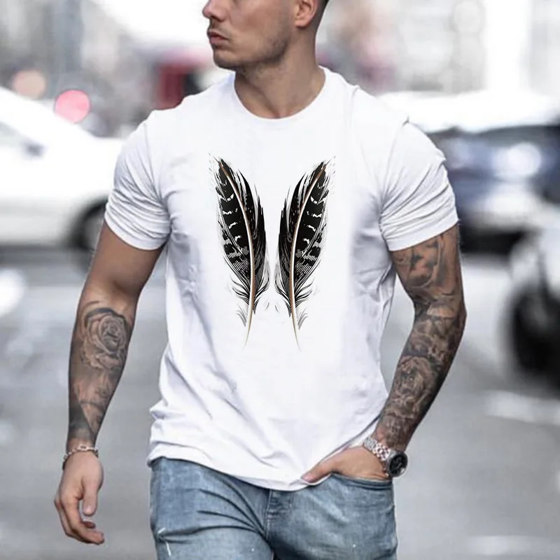 

Europe and United States sell feather print pattern round neck short sleeve T-shirts fashion round neck girls and boys T-shirts