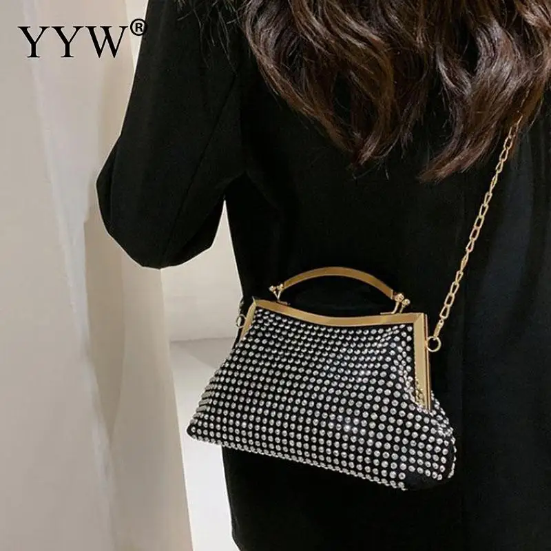 Fashion Diamond Beads Glitter Women Clutch Handbag Metal Top Handle Soft PU Leather Rhinestone Lady Chain Messenger Tote Purse