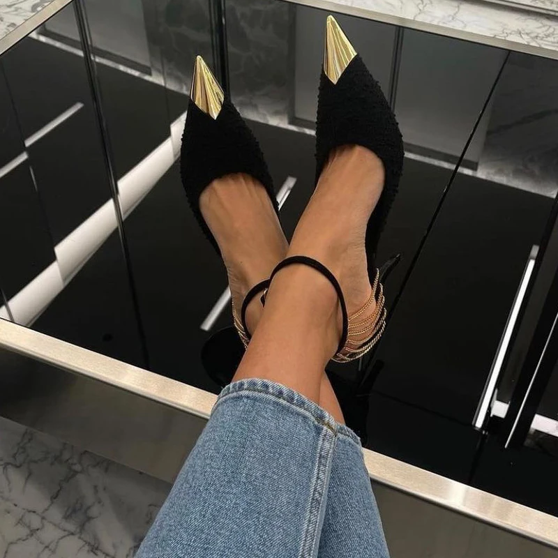 2023 Summer New Chain High-heeled Shoes Sandals Shallow-mouthed Baotou Women's Shoes Thin Heeled Pointed Metal Head Single Shoes