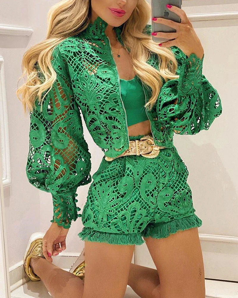 

Fashion Sexy Two Pieces Suits Without Belt 2021 Summer Autumn Casual Lace Hollow-Out Shorts women Sets Lantern Sleeve Coat