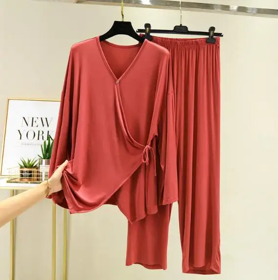 Loose Pijamas Women New Autumn Winter Sleepwear Pajamas Set Casual V-neck Nightwear Female Home Clothes Modal Cotton Pyjama Suit