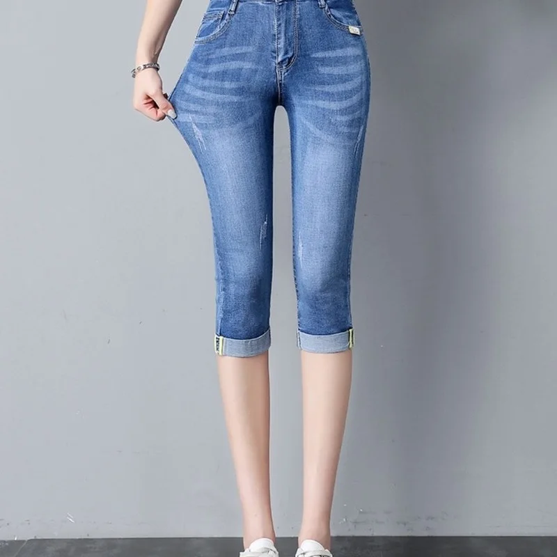 Women Summer Jeans Loose Denim Pencil Capri Pants Female High Waist Calf Length Trousers Pantalones Vaqueros Mujer Femme E52