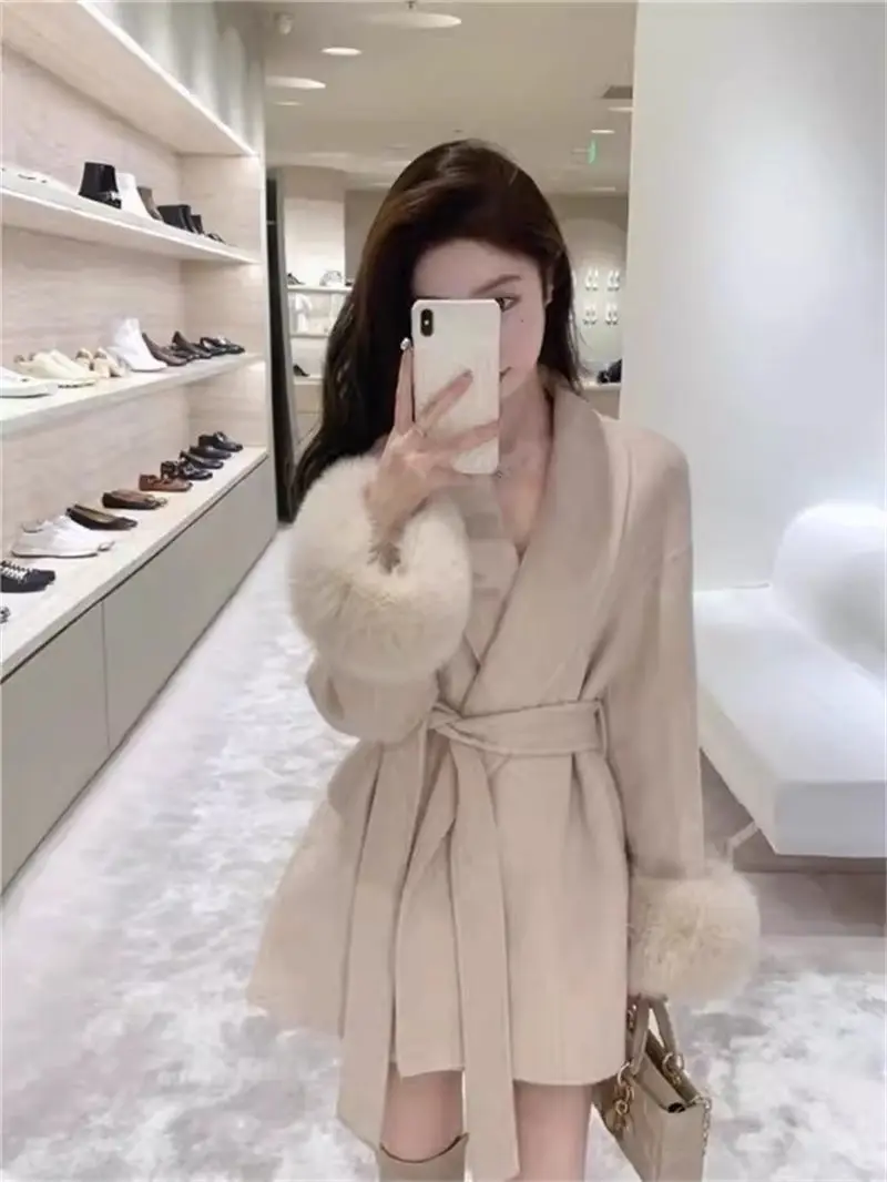 Женская шерстяная куртка на завязках свободная короткая модная в стиле пэчворк с